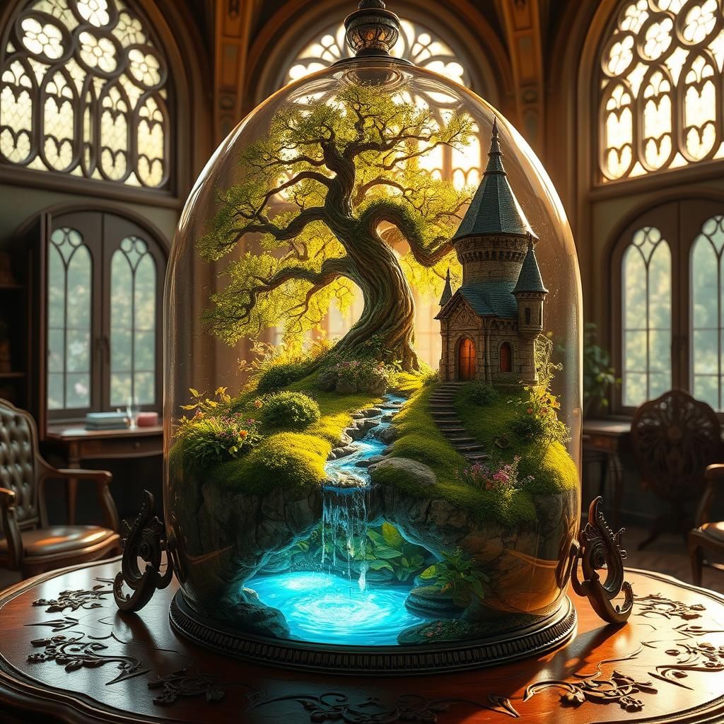 Ethereal Terrarium with Ancient Tree in Pre-Raphaelite Style
