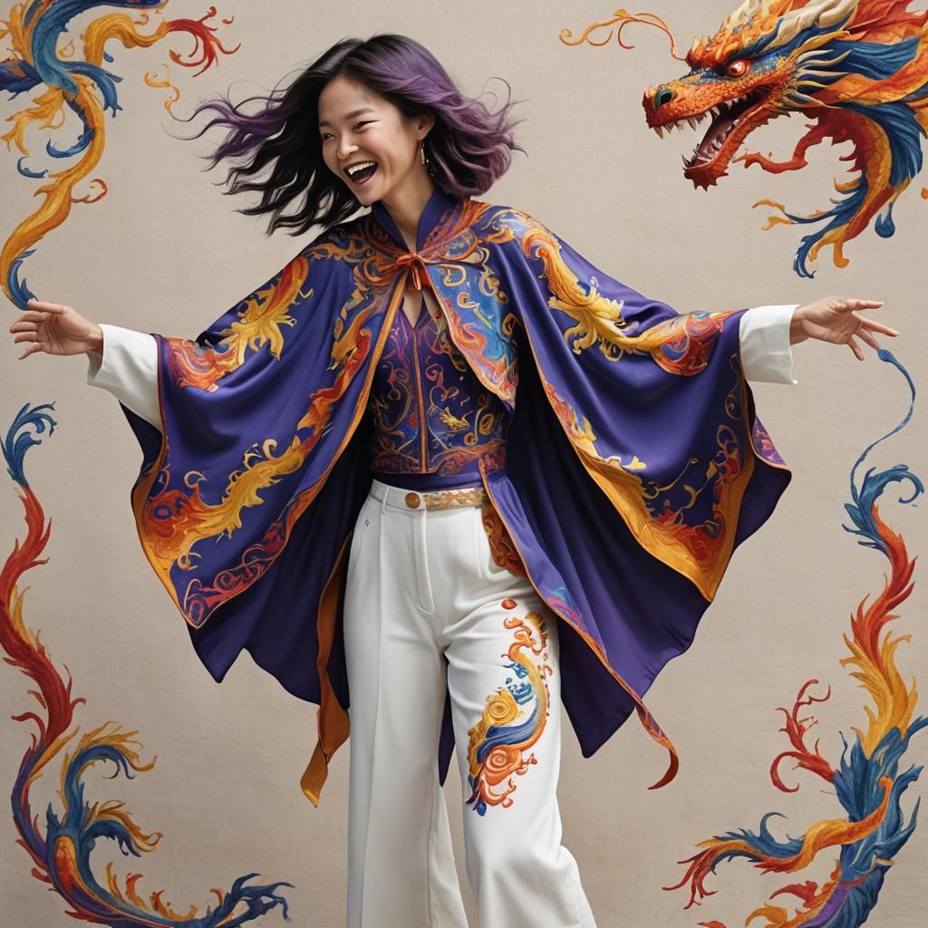 Woman in Silk Embroidered Dragon Cape Sweater