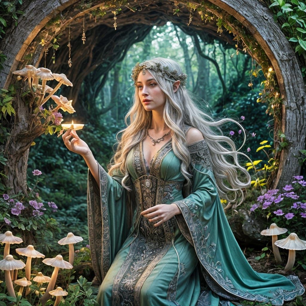 Enchanting Elven Sorceress in Art Nouveau Style