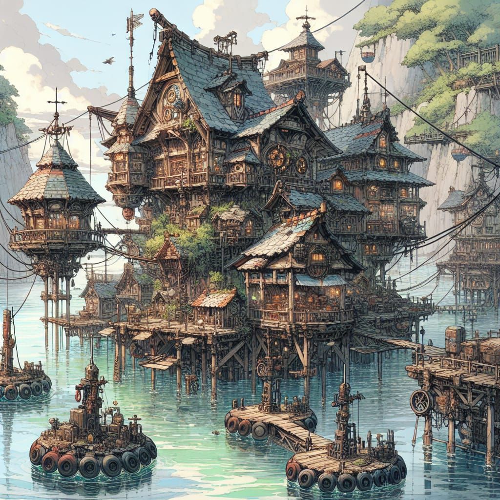 Floating Village in Lush Lagoon: Ink and Watercolor