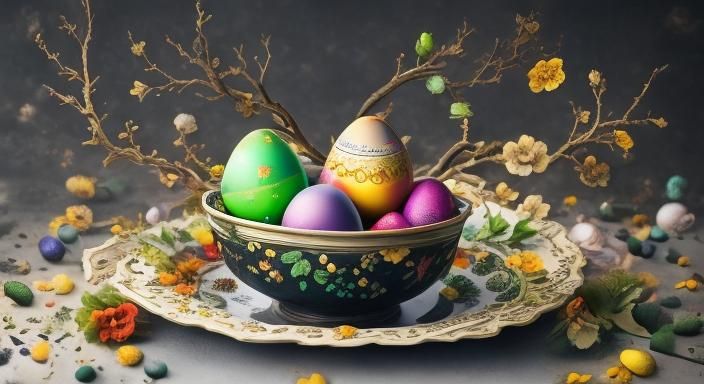 Festive Easter Greeting with Decorated Eggs