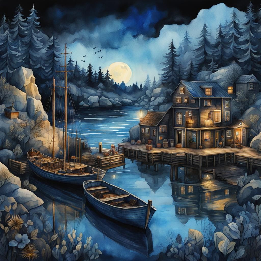 Enchanted Midnight Harbour in Deep Blue and Black