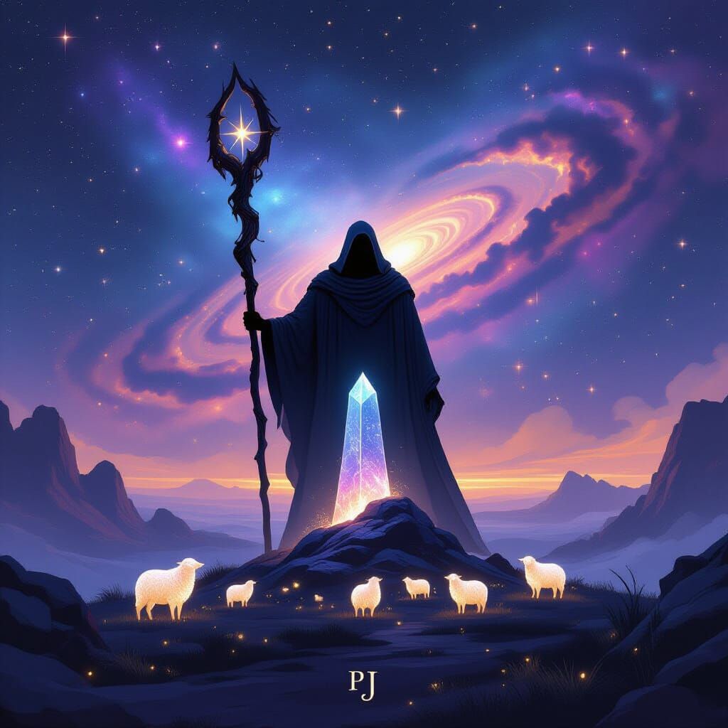 Cosmic Shepherd Silhouette Over Galaxy Digital Painting