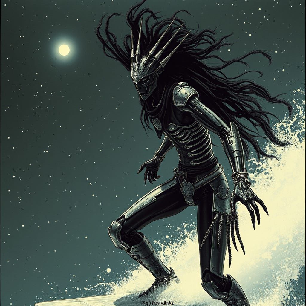 Cyberpunk Goddess Rides the Stellar Tides