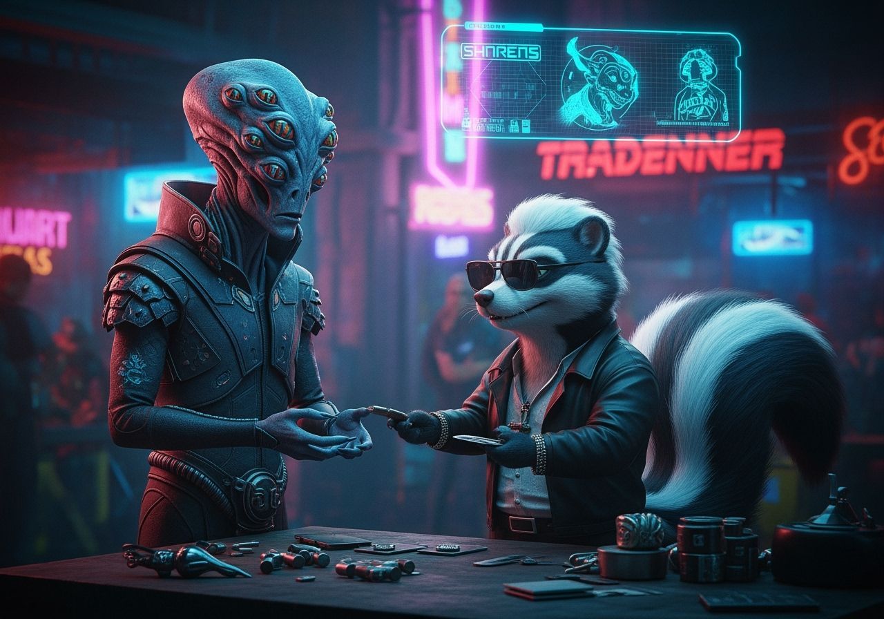 Cyberpunk Alien Trader Bartering in Marketplace