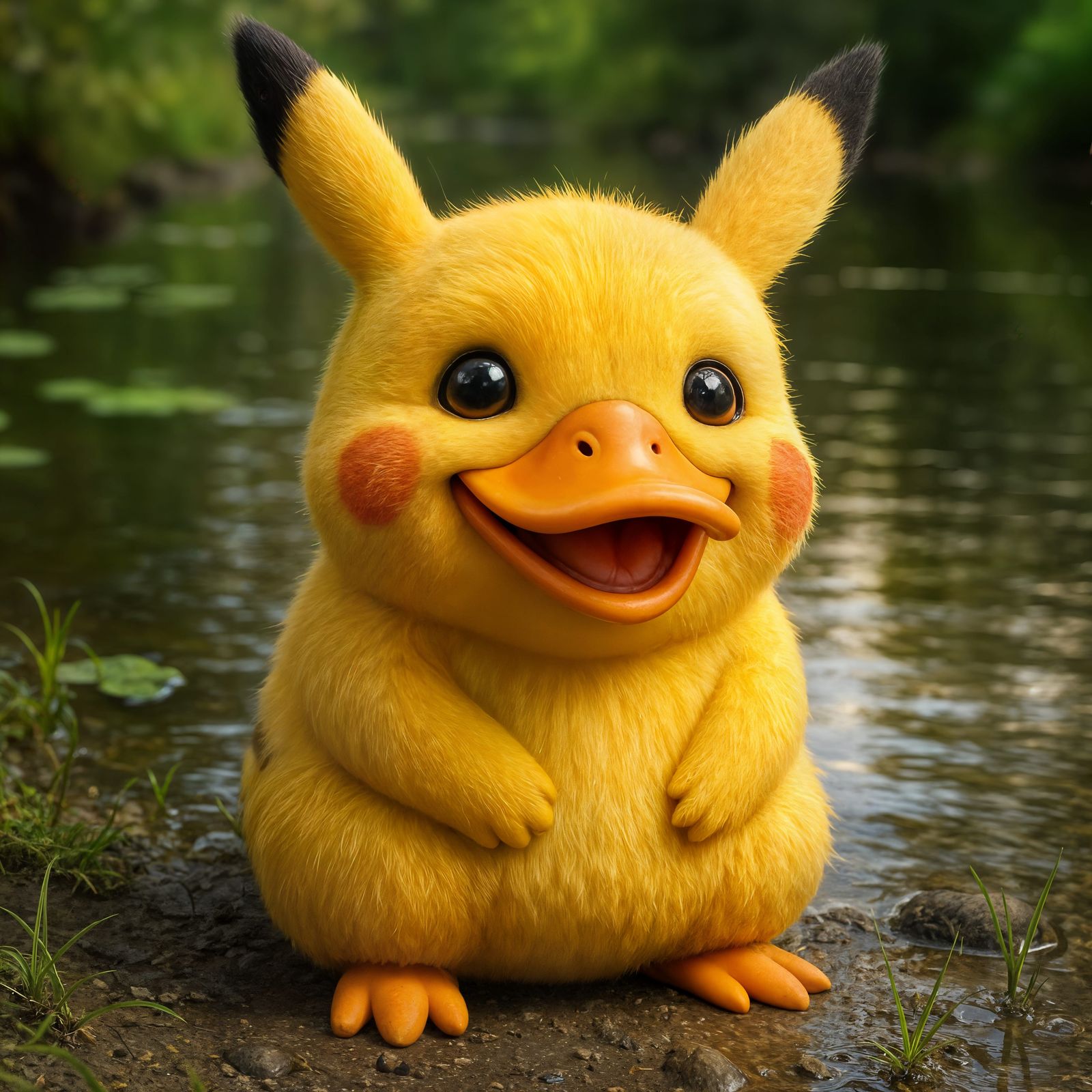 Detailed CGI Pikachu with Duck Beak at Pond