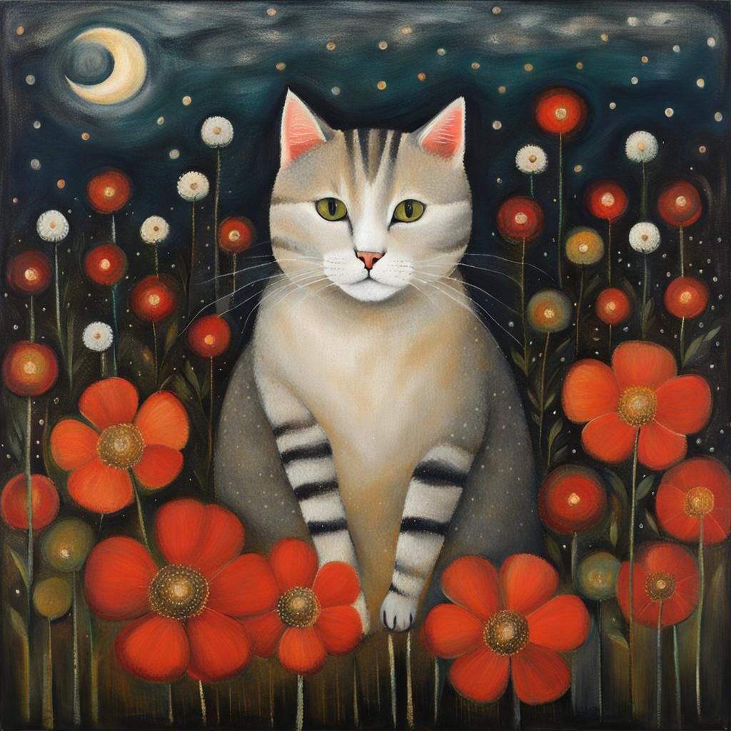 Cat Surrounded by Flowers in Atmospheric Painting