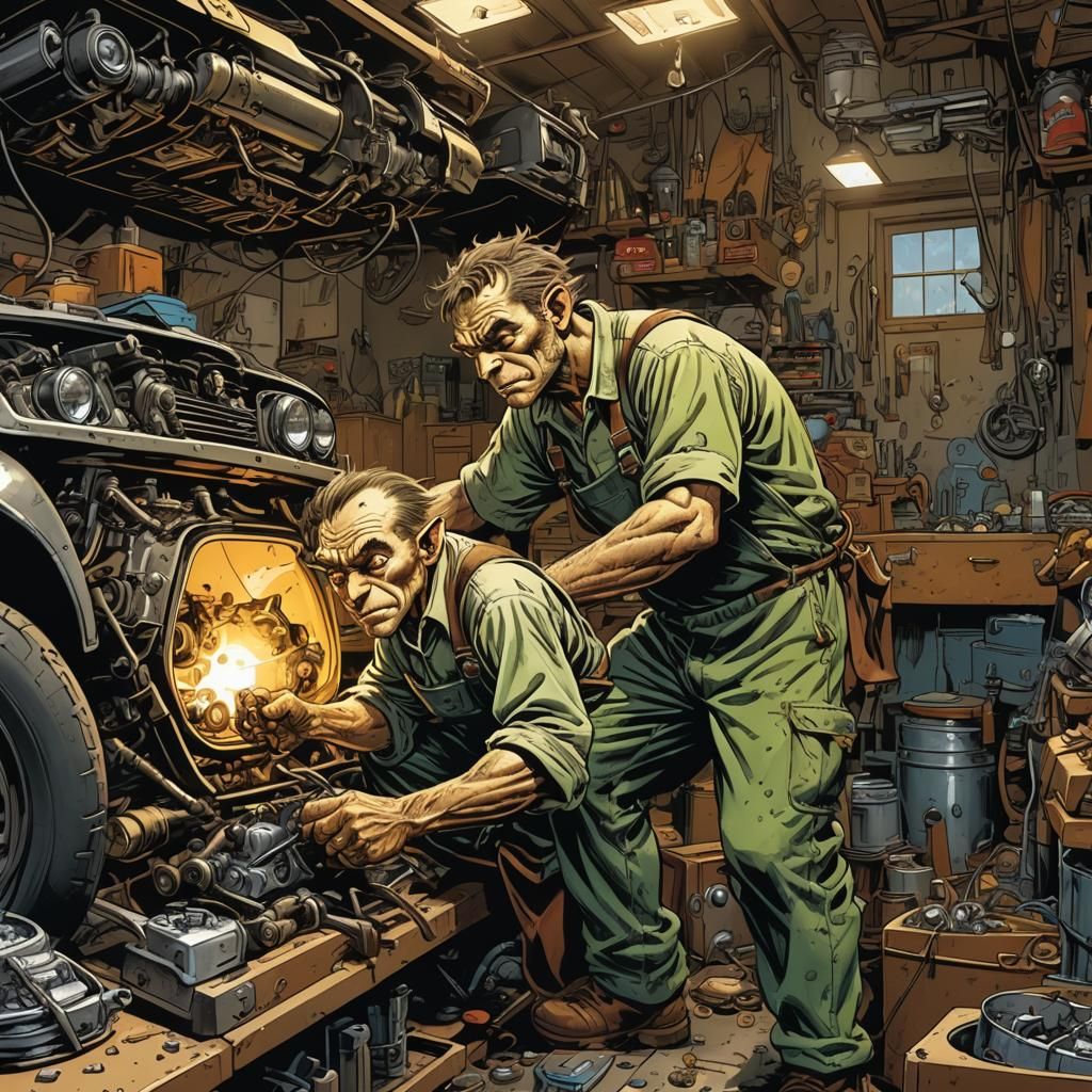 Goblin Mechanic in Garage: Comic Book Style