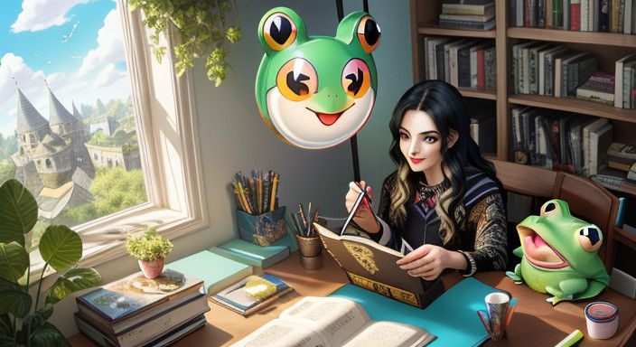 Vibrant Cartoon Frog Family Amidst Whimsical Nature Scene wi...