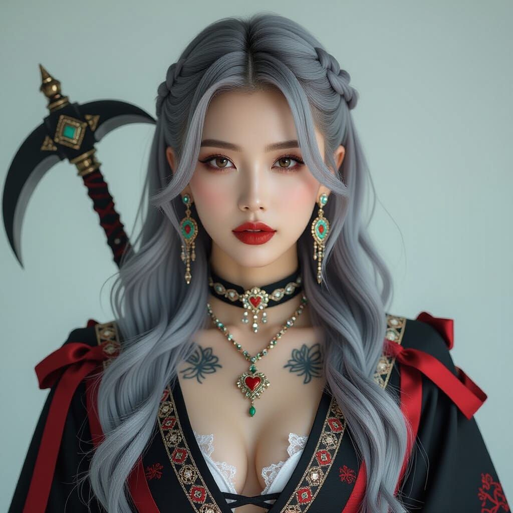 K-Pop Queen of Hearts Idol with Tribal Tattoos and Heterochr...