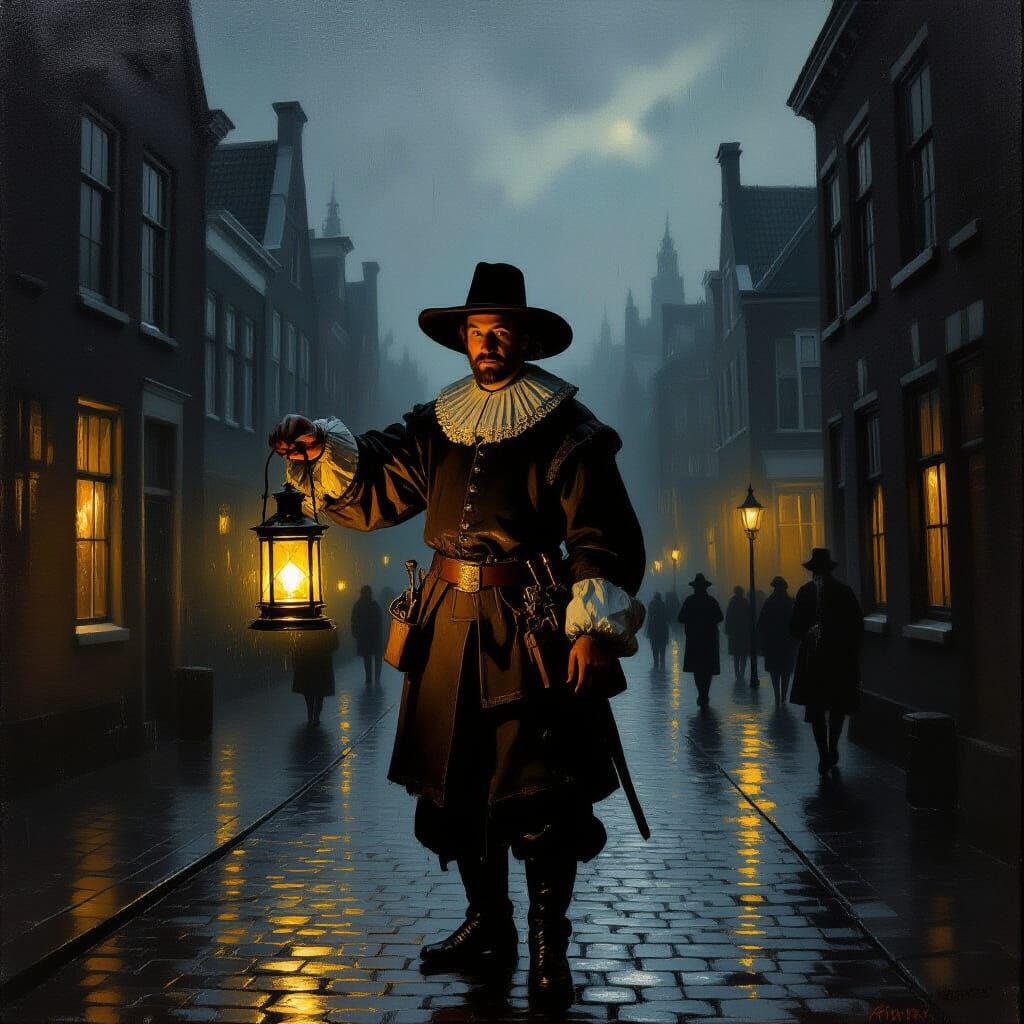 Night Watchman in Rembrandt Style Oil Painting