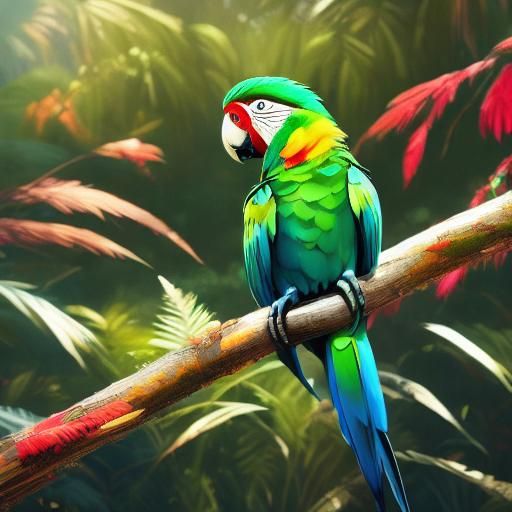Colorful Parrot Perched on Branch: Splash Art