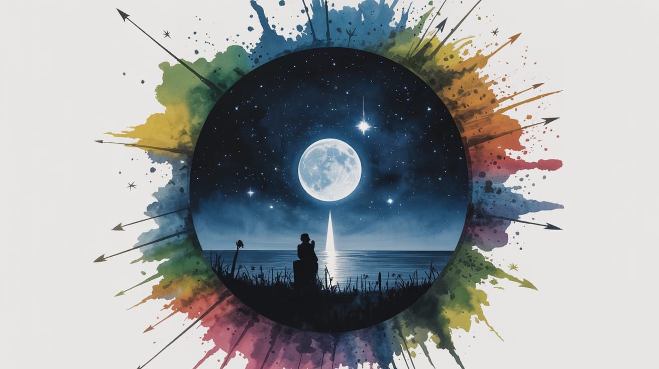 Dramatic Moon Portrait with Star Arrows in Watercolor