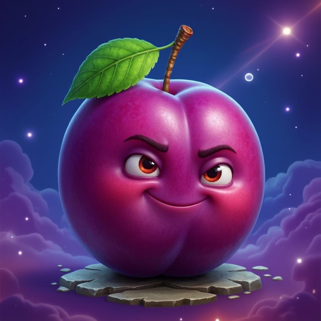 Animated Plum with Cute Smirk: Fantastical Digital Art