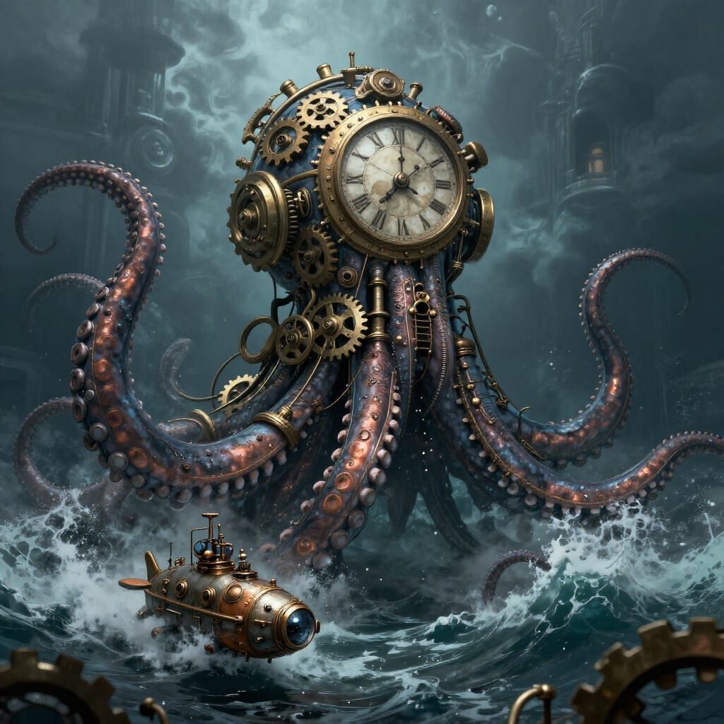 Clockwork Kraken Emerges from Retro-Futuristic Ocean