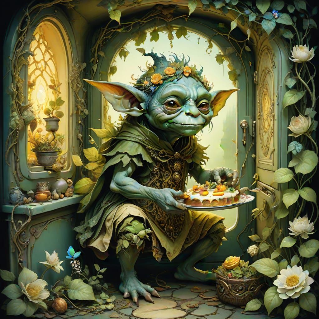 Whimsical Goblin Indulges in Opulent Cream Cake