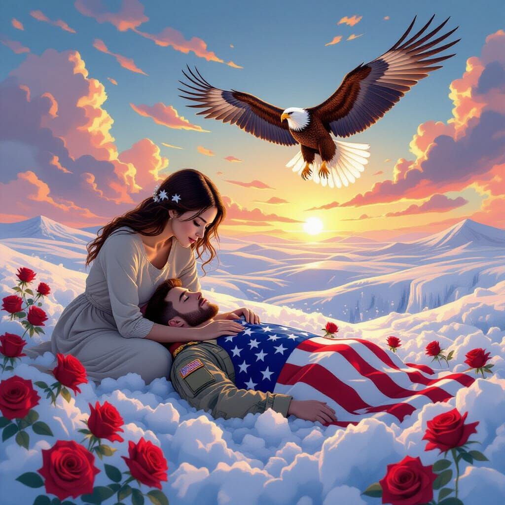 Somber Mother Rests Soldier in Shaved Ice Landscape