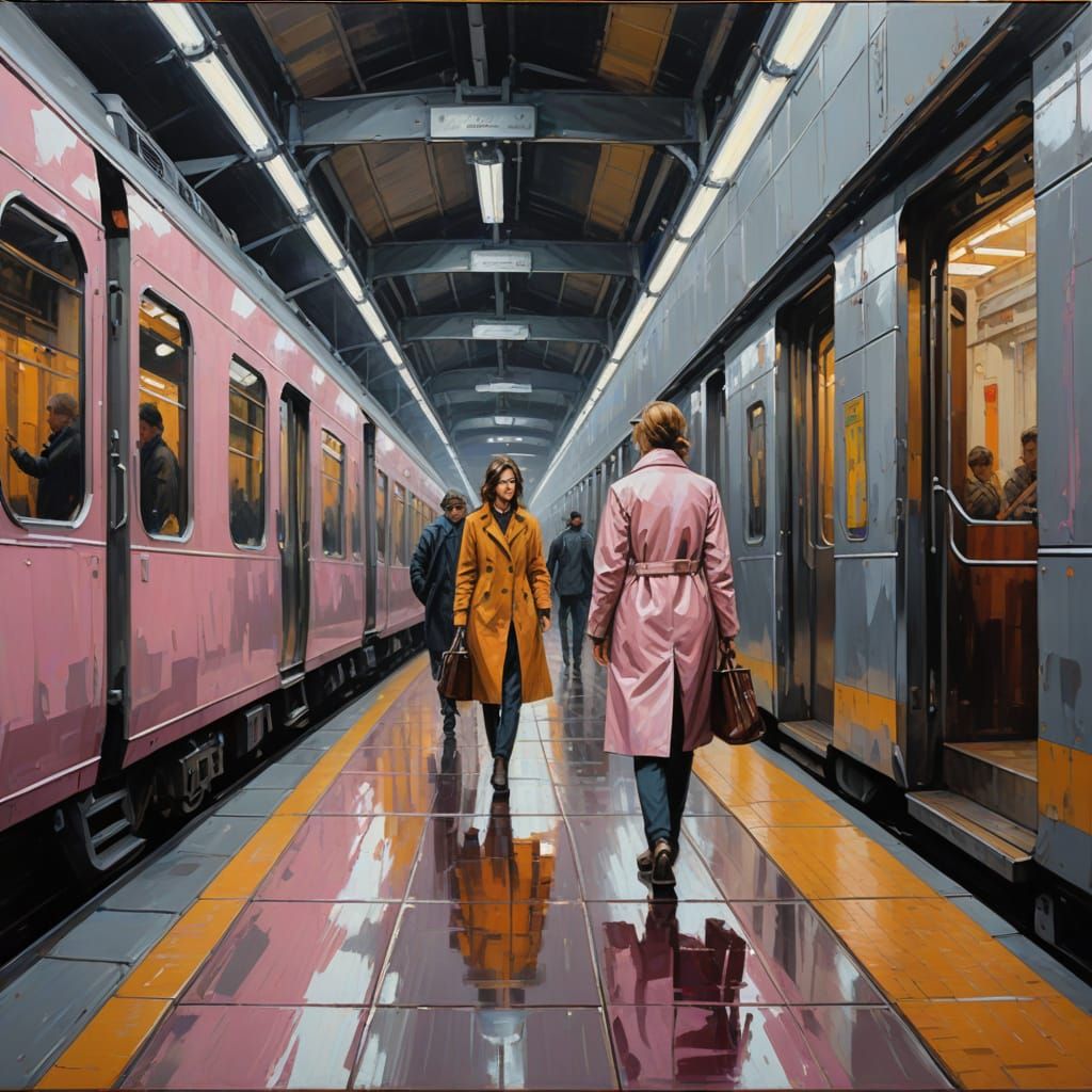 Tokyo Subway Train in Expressionist Oil Painting Style