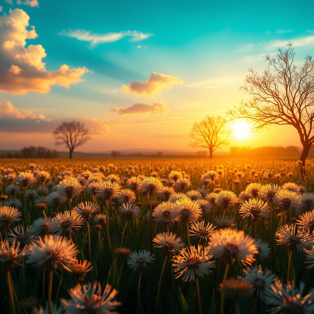 Surreal Dandelion Landscape in Dreamy Light