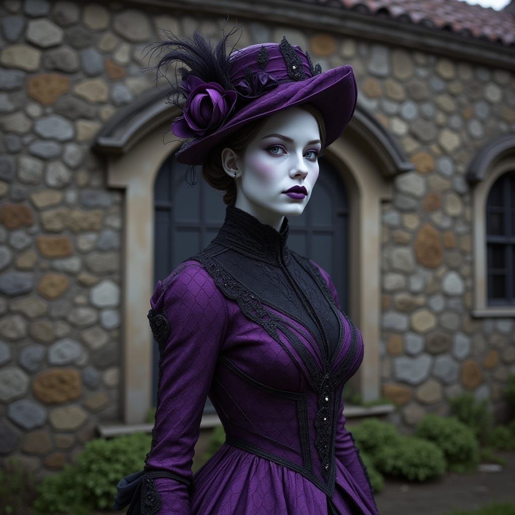 A pale faced woman in violet and black outfit