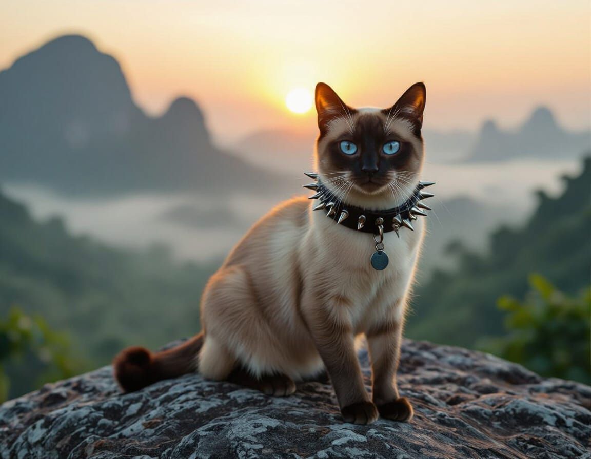 Siamese Cat with Spiked Collar, Cinematic Style