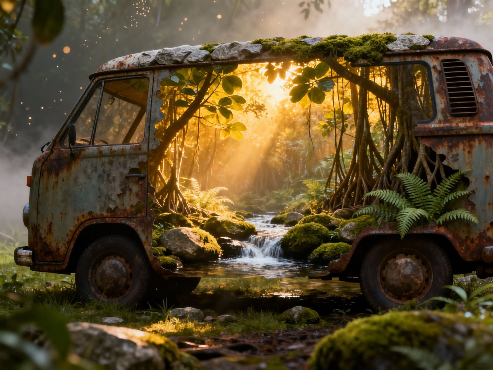 Surreal Campervan Double Exposure With Mangrove Forest