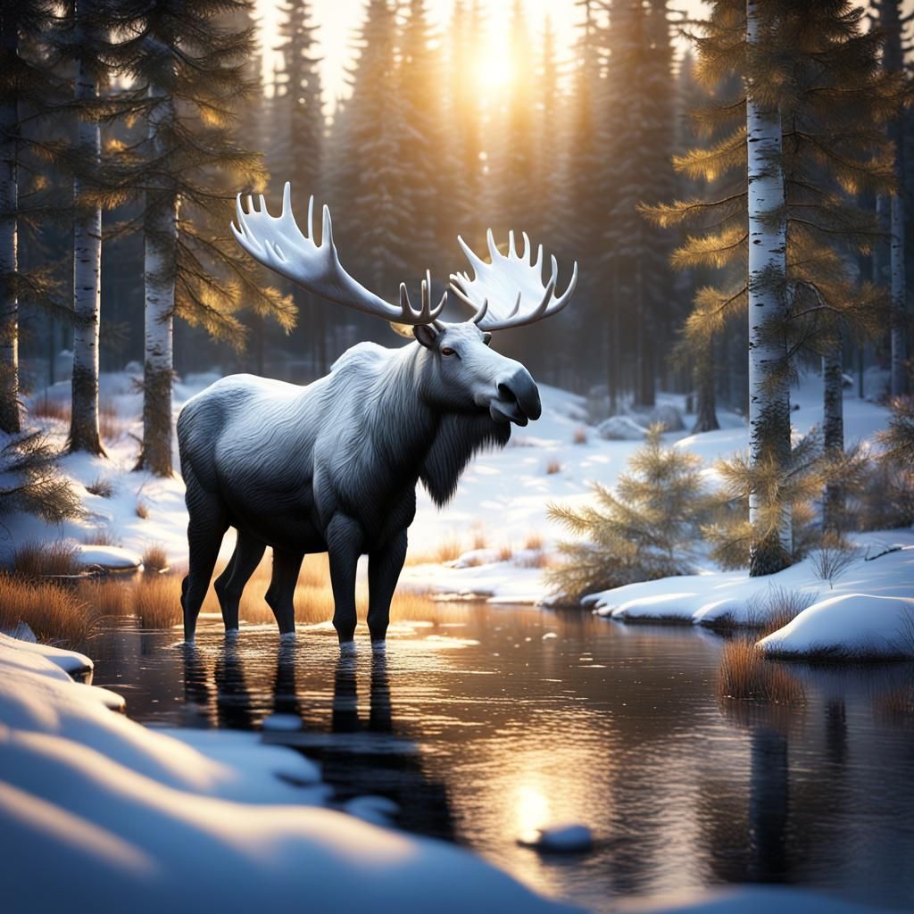 Majestic White Moose in Snowy Forest Clearing