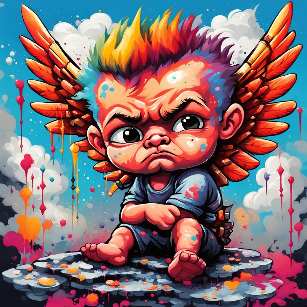 Grumpy Mohawk Cupid Sulking in Graffiti Art