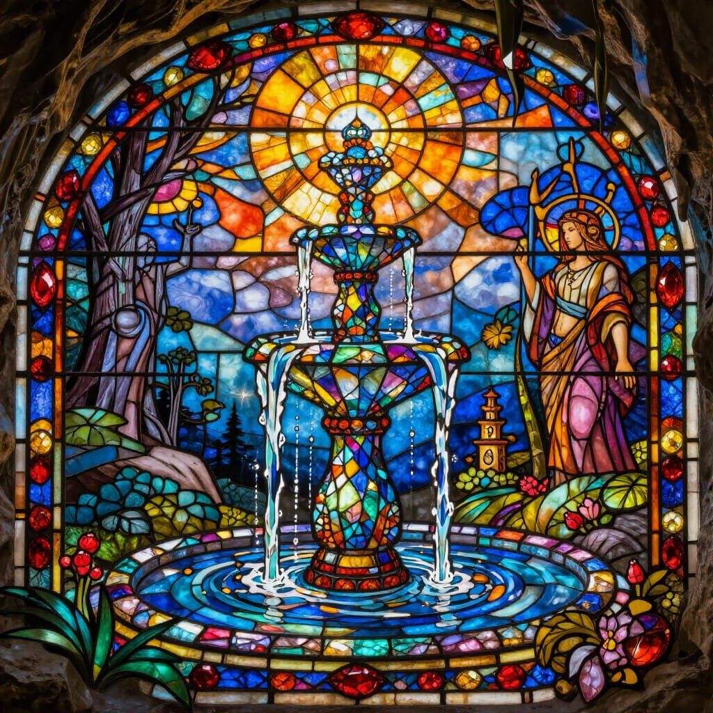 Vibrant Diamond Light in Grotto, Stained Glass Style