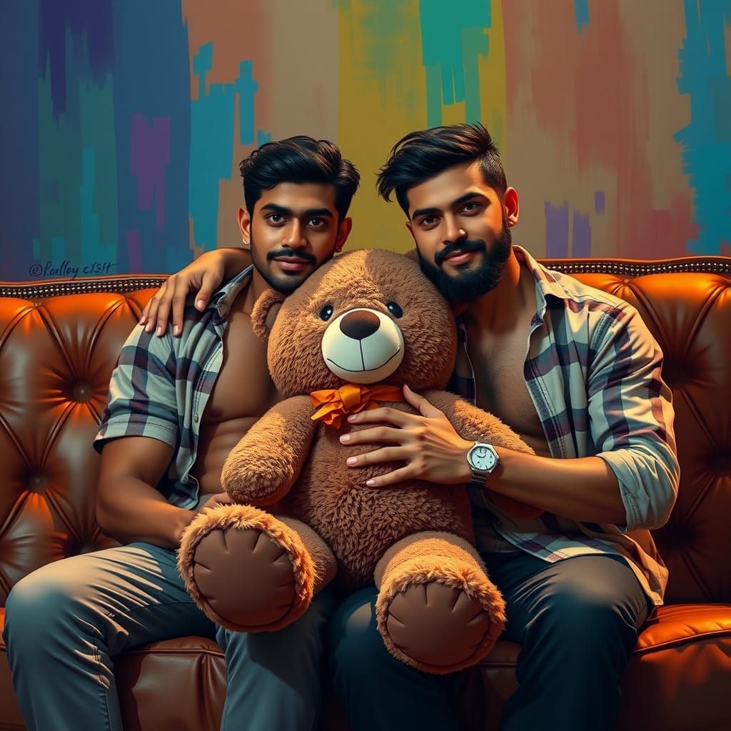 Men Embrace Teddy Bear in Digital Illustration
