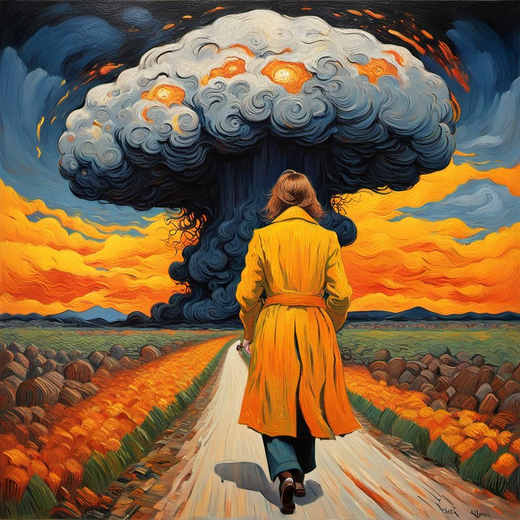 Woman Walks Toward Nuclear Cloud in Expressionist Style