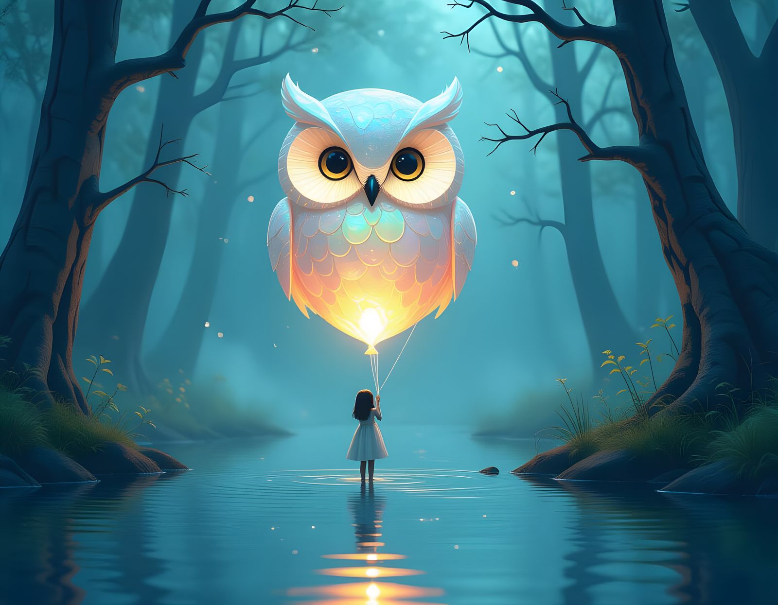 Girl with Iridescent Owl Balloon in Forest