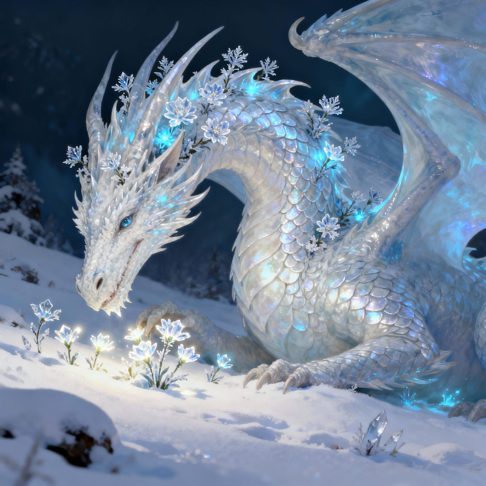 Gentle Ice Dragon Unearths Glowing Flowers in Winter