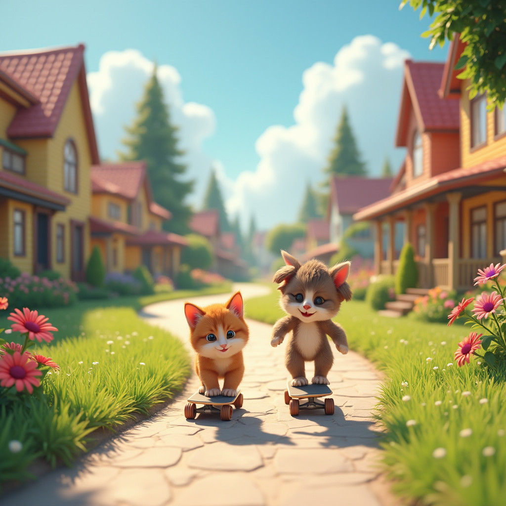 Kitten and Puppy Skateboarding Adventure in Dreamlike Suburb...