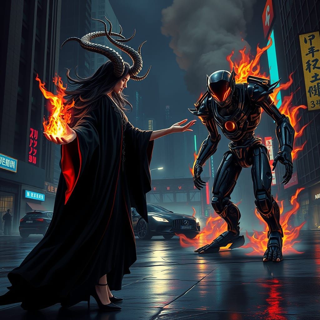 Mystical Sorceress Battles Cybernetic Robot in Futuristic Ci...