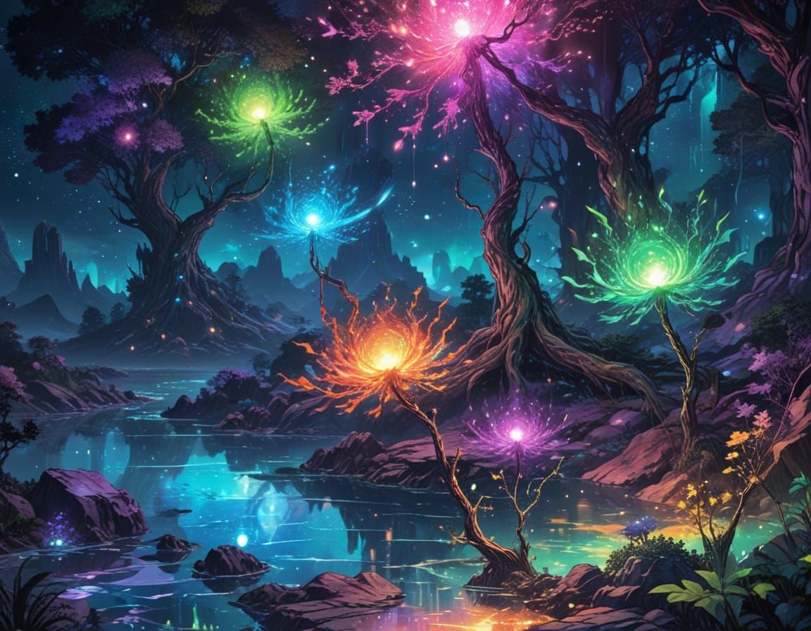 Surreal Anime Landscape with Gnarled Trees and Neon Blooms
