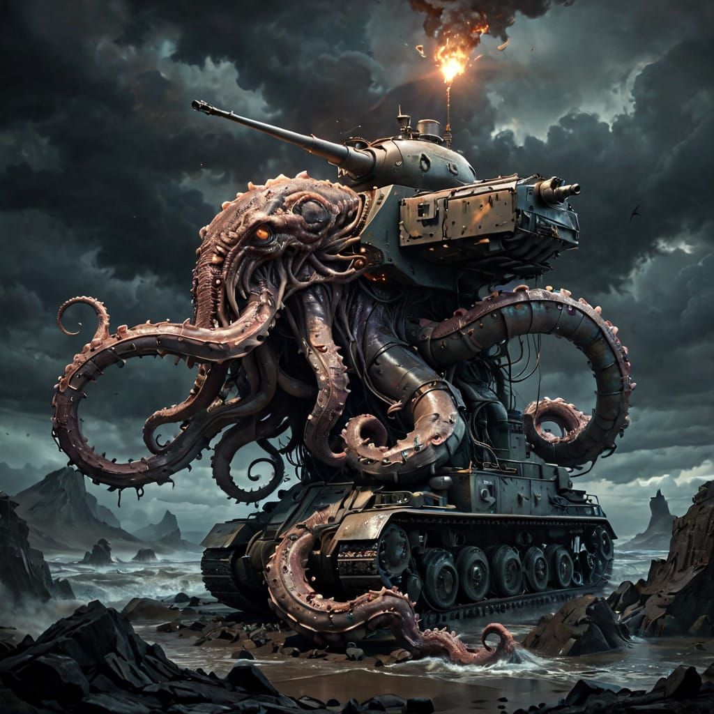 Ethereal Tentacle Creature Meets Military Tank in Cyberpunk,...
