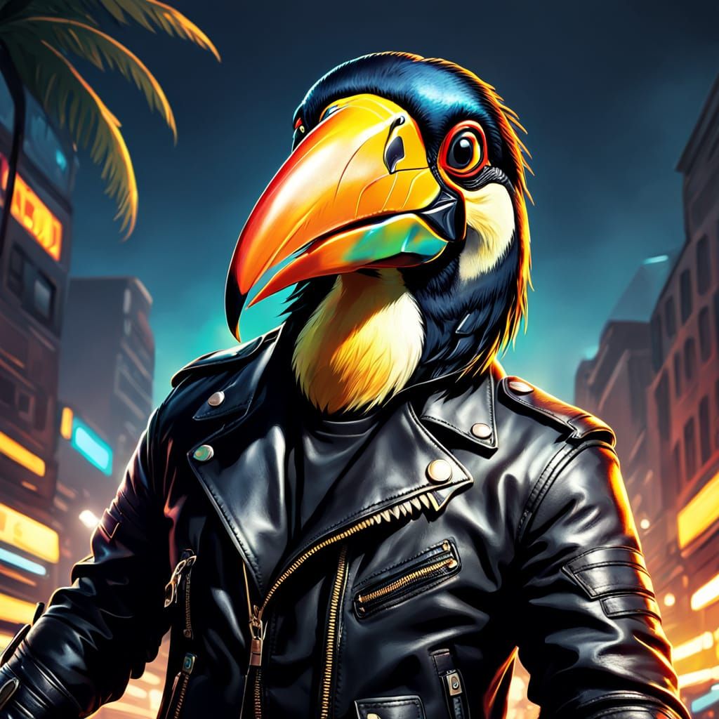Badass Toucan Biker in Comic Book Style
