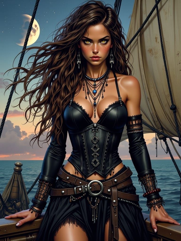 Fantasy Pirate Woman on Deck in Gothic Style