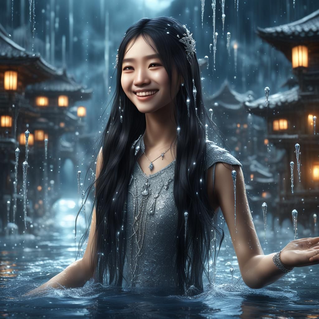 Vietnamese Girl Portrait with Water Droplets