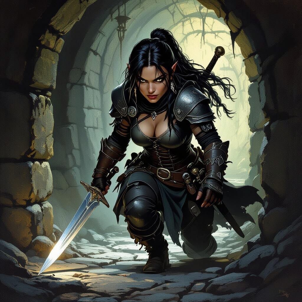 Dwarven Rogue Sneaking in Shadows with Dagger