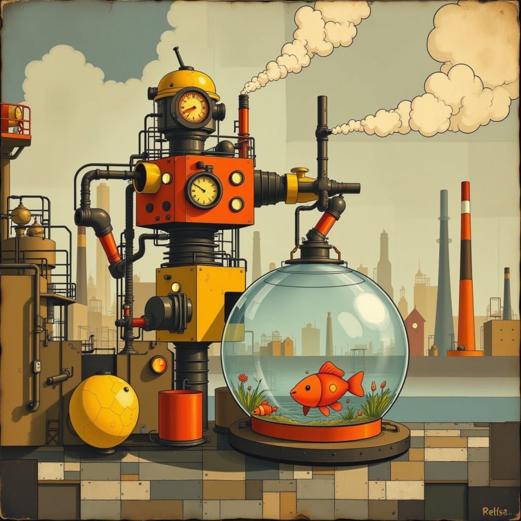 Cute Robot Holding a Fishbowl