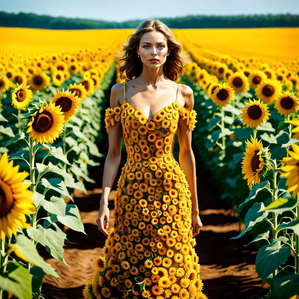 Woman in Sunflower Dress: Hyperrealistic Digital Painting