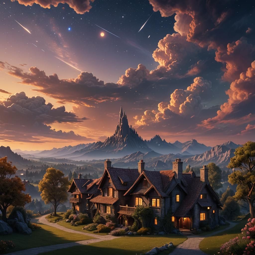 Woman Watches Comet from Cozy Home in Twilight Sky