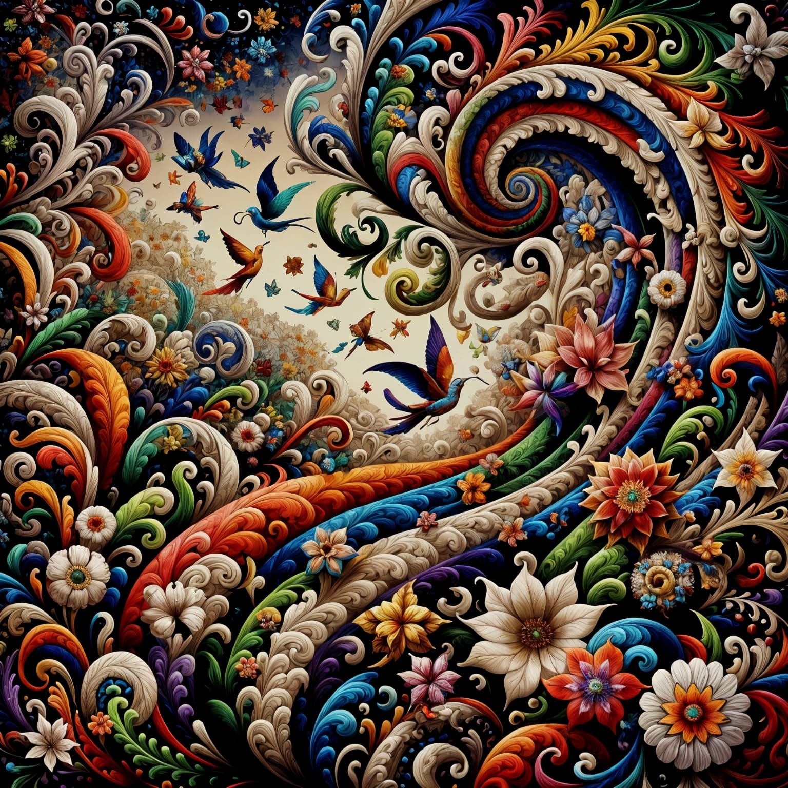 Rainbow Arabesque with Flowers, Birds, and Butterflies