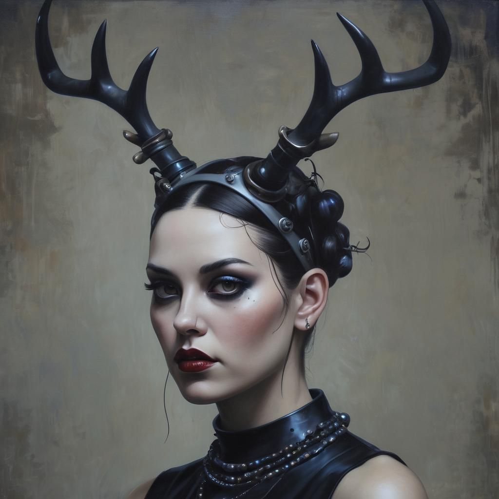 Gothic Woman with Antlers in Dieselpunk Style