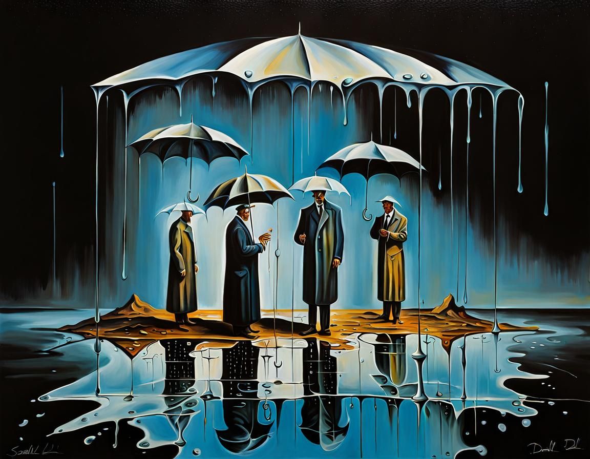 People in the Rain: Surreal Melting Oil Painting