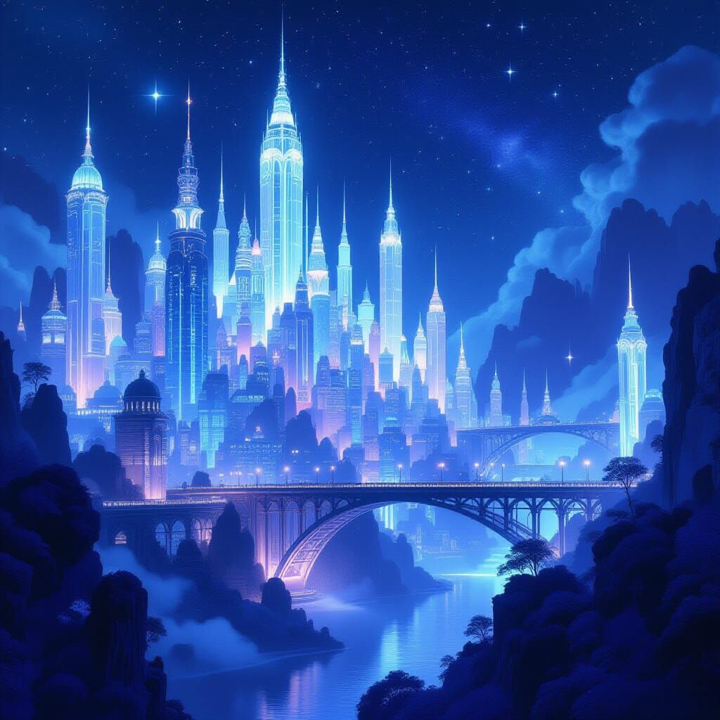 Ethereal Translucent City Under Starry Night Sky