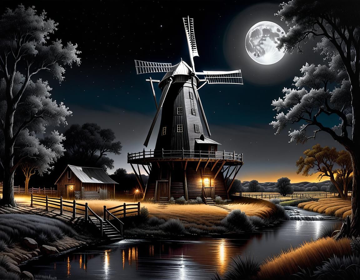 Monochrome Windmill in Texas Ranch at Night