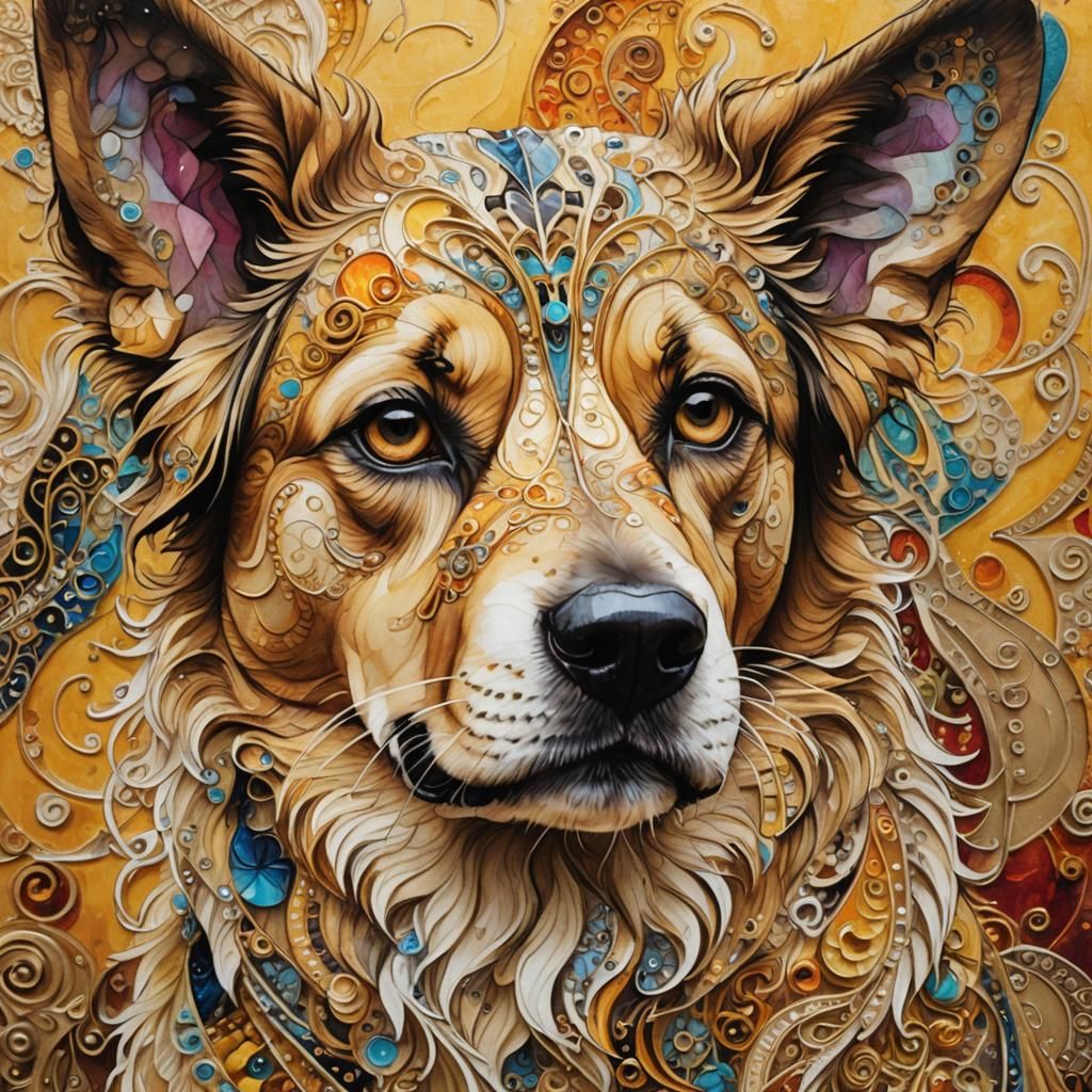 Dog Portrait with Filigree in Ornate Mixed Media